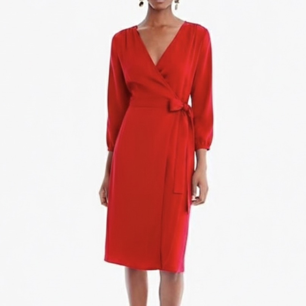 J. Crew Cherry Red Crepe Long Sleeve V-Neck Wrap Dress Size 2 Holiday Party